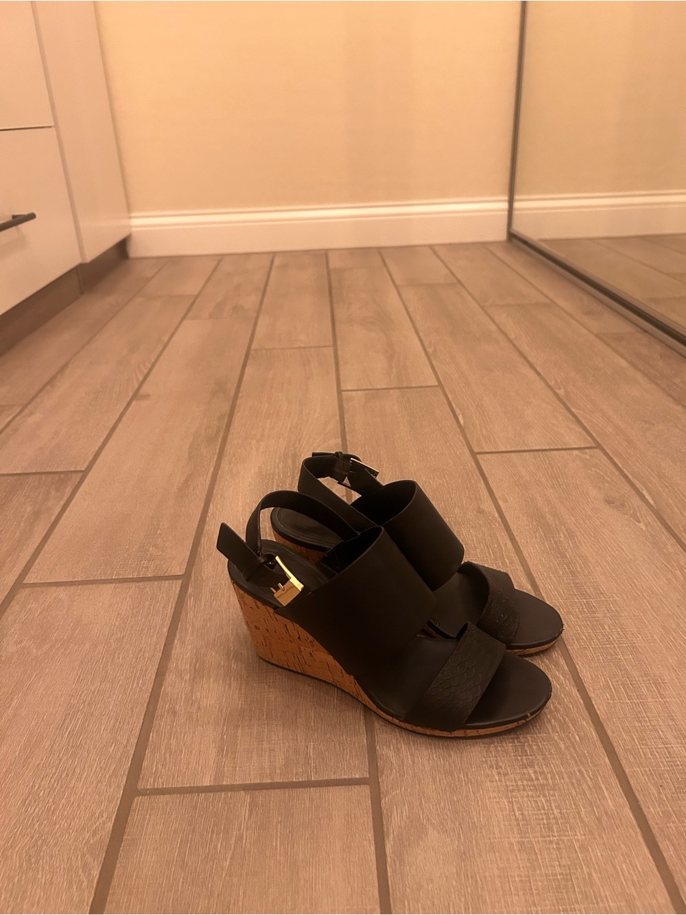 Calvin Klein Black Leather Wedge Sandals with Cork Heel